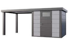 Telluria | Tuinhuis Eleganto 2424 met Overkapping Open Lounge Large | Links | Lichtgrijs