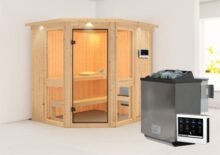 Karibu | Sauna Amelia 1 met Dakkraag | Bronzeglas | Biokachel 9 kW Externe Bediening