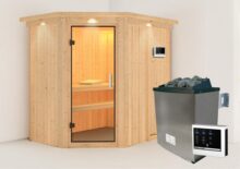 Karibu | Sauna Carin met Dakkraag | Helderglas | Kachel 4,5 kW Externe Bediening