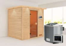 Woodfeeling | Sauna Anja met Dakkraag | Bronzeglas | Biokachel 4,5 kW Externe Bediening