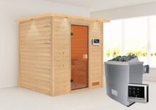 Woodfeeling | Sauna Anja met Dakkraag | Bronzeglas | Kachel 4,5 kW Externe Bediening