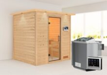 Woodfeeling | Sauna Anja met Dakkraag | Helderglas | Biokachel 4,5 kW Externe Bediening