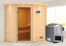 Woodfeeling | Sauna Jella met Dakkraag | Biokachel 4,5 kW Externe Bediening