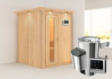 Karibu | Sauna Minja met Dakkraag | Energiesparend | Kachel 3,6 kW Externe Bediening