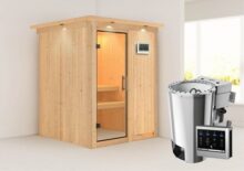 Karibu | Sauna Minja met Dakkraag | Helderglas | Biokachel 3,6 kW Externe Bediening