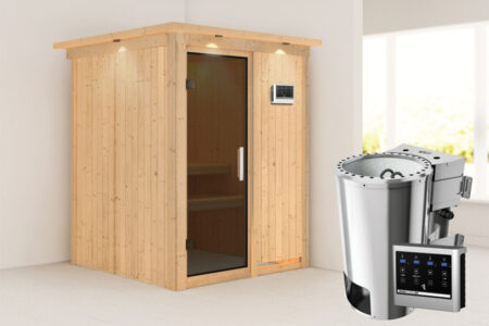 Karibu | Sauna Minja met Dakkraag | Antracietglas | Biokachel 3,6 kW Externe Bediening