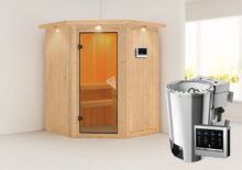 Karibu | Sauna Minja met Dakkraag | Bronzeglas | Biokachel 3,6 kW Externe Bediening