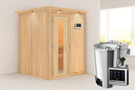 Karibu | Sauna Minja met Dakkraag | Energiesparend | Biokachel 3,6 kW Externe Bediening