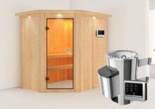 Karibu | Sauna Saja met Dakkraag | Bronzeglas | Biokachel 3,6 kW Externe Bediening