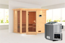 Karibu | Sauna Amara met Dakkraag | Bronzeglas | Biokachel 9 kW Externe Bediening