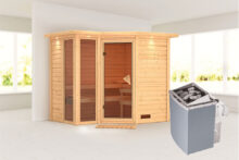 Karibu | Sauna Amara met Dakkraag | Bronzeglas | Kachel 9 kW Externe Bediening