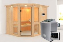 Karibu | Sauna Amelia 3 met Dakkraag | Helderglas | Kachel 9 kW Externe Bediening