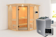 Karibu | Sauna Amelia 1 met Dakkraag | Bronzeglas | Kachel 9 kW Externe Bediening