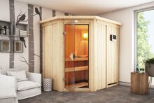 Karibu | Sauna Carin met Dakkraag | Bronzeglas | Kachel 4,5 kW Externe Bediening