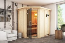 Karibu | Sauna Carin met Dakkraag | Antracietglas | Kachel 4,5 kW Externe Bediening