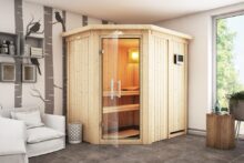 Karibu | Sauna Carin met Dakkraag | Helderglas | Biokachel 4,5 kW Externe Bediening