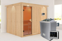 Karibu | Sauna Gobin met Dakkraag | Bronzeglas | Kachel 9 kW Externe Bediening