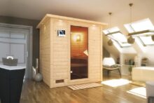 Karibu | Sauna Mojave met Dakkraag | Bronzeglas | Kachel 9 kW Externe Bediening