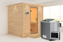 Karibu | Sauna Mojave met Dakkraag | Helderglas | Biokachel 9 kW Externe Bediening