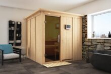 Karibu | Sauna Rodin met Dakkraag | Antracietglas | Biokachel 9 kW Externe Bediening