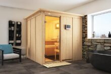 Karibu | Sauna Rodin met Dakkraag | Helderglas | Kachel 9 kW Externe Bediening