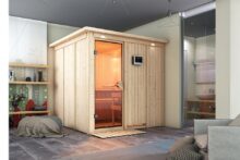 Karibu | Sauna Rodin met Dakkraag | Bronzeglas | Biokachel 9 kW Externe Bediening