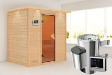 Karibu | Sauna Ronja met Dakkraag | Bronzeglas | Biokachel 3,6 kW Externe Bediening