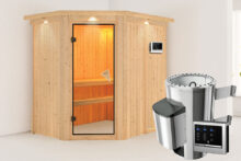 Karibu | Sauna Saja met Dakkraag | Bronzeglas l Biokachel 3,6 kW Externe Bediening