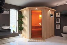 Karibu | Sauna Siirin met Dakkraag | Bronzeglas | Kachel 4,5 kW Externe Bediening