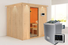 Karibu | Sauna Sodin met Dakkraag | Bronzeglas | Kachel 4,5 kW Externe Bediening