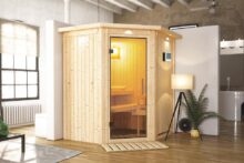 Karibu | Sauna Taurin met Dakkraag | Helderglas | Kachel 4,5 kW Externe Bediening