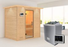 Woodfeeling | Sauna Sonja met Dakkraag | Helderglas | Kachel 4,5 kW Externe Bediening