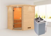 Woodfeeling | Sauna Svea met Dakkraag | Bronzeglas | Kachel 4,5 kW Geïntegreerde Bediening